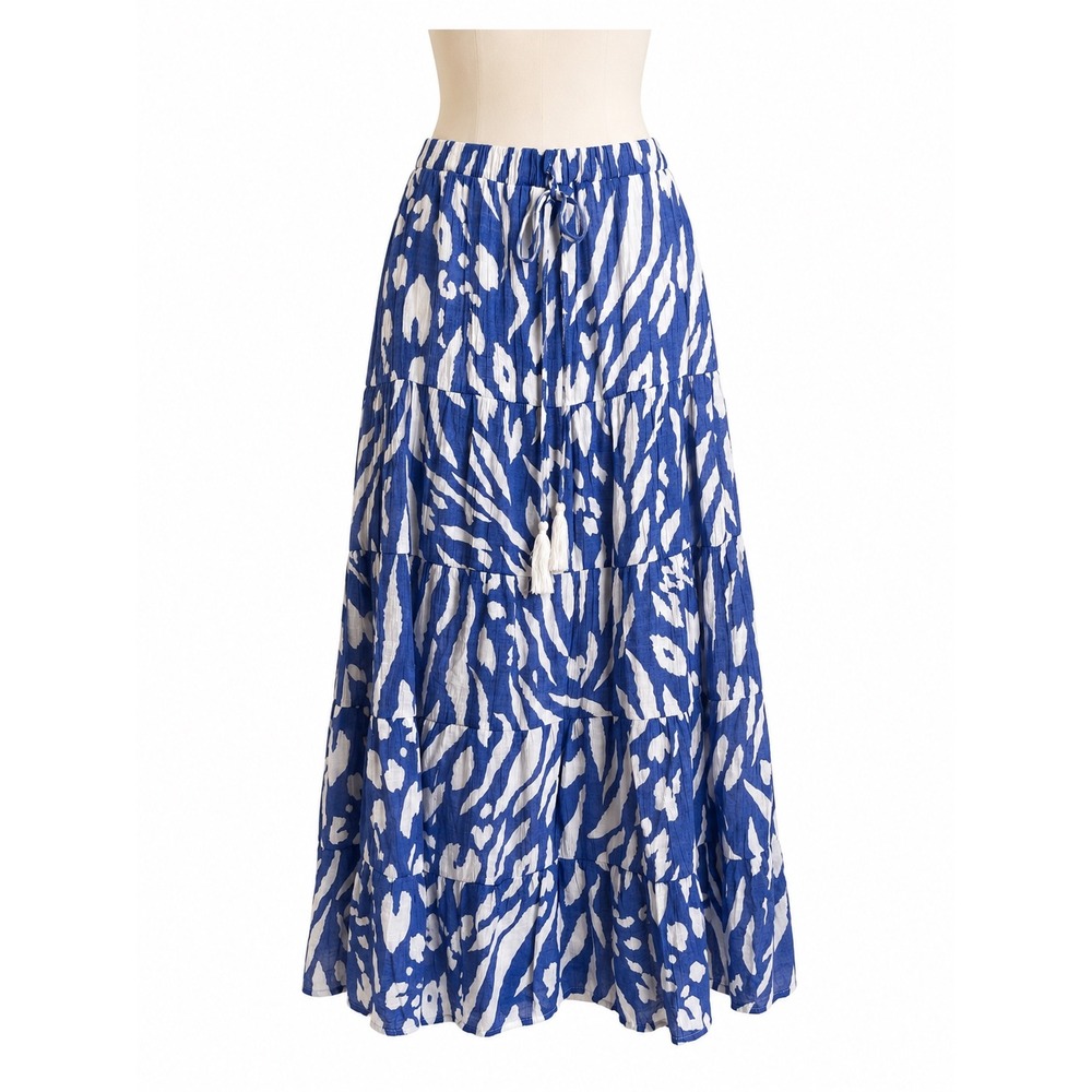 Indigo Rose Blue White Abstract Print Tiered Maxi Skirt Tassel Drawstring Size M